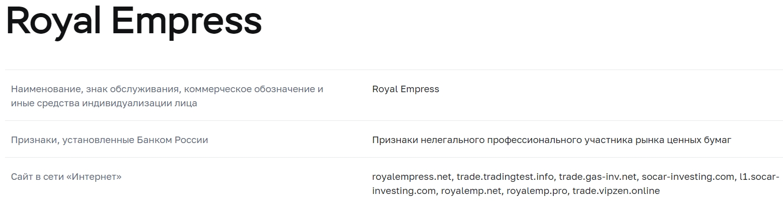 Royal Empress в бан-листе Центробанка РФ
