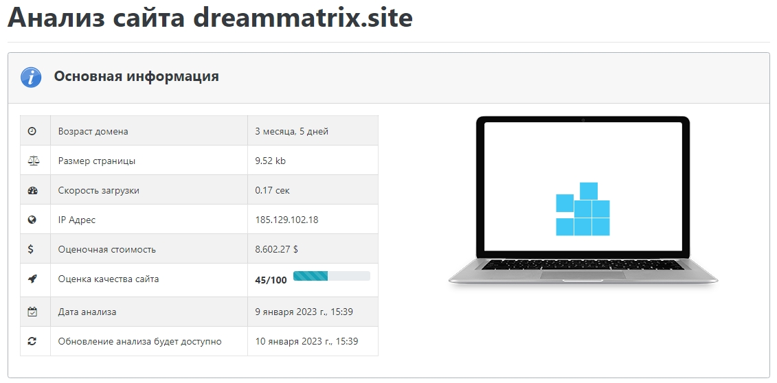 Результаты SEO-анализа ресурса dreammatrix.site